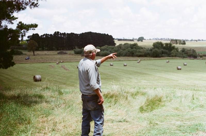 Mann steht in einem Feld und zeigt in die Landschaft